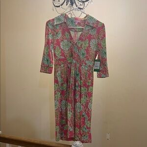 Lilly Pulitzer Pink Floral Midi Dress with Green Leaf Print